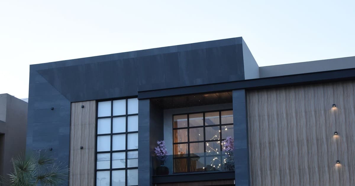 Modern house facade in Lahore photographed at dusk