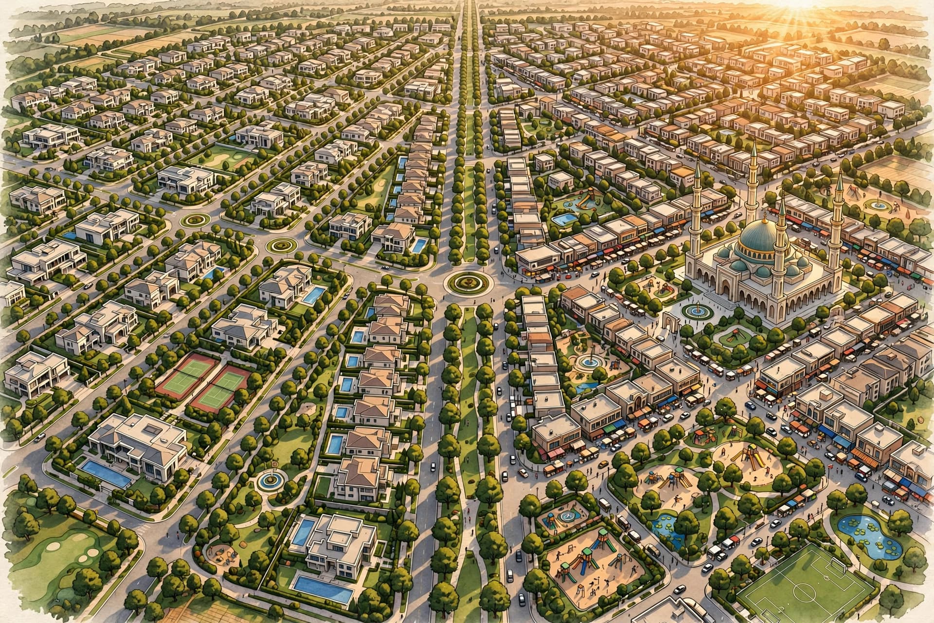 Illustrated aerial master plan of a housing society in Lahore with residential plots, houses, a mosque, park and tree-lined boulevard