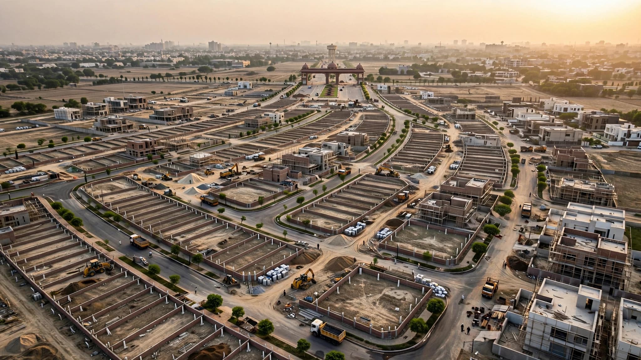 Aerial view of a new housing development in Lahore with demarcated plots, new roads and houses under construction