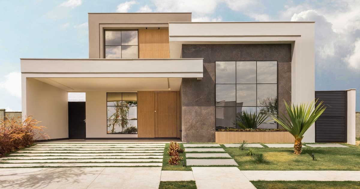 A modern house with a landscaped front yard in a developed Lahore residential area