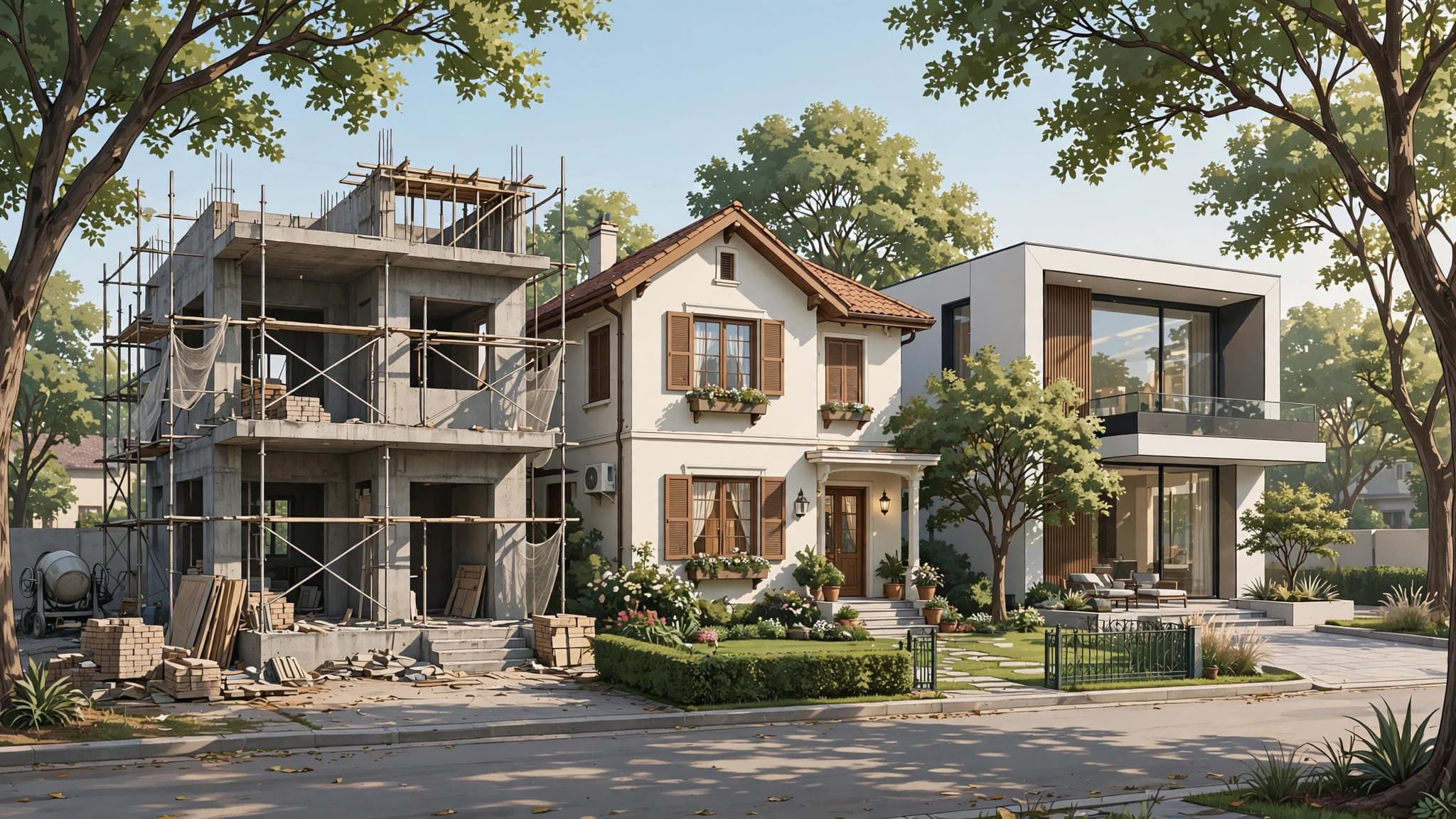 Illustration of three Lahore houses at different construction stages: a grey structure under construction, a finished family house and a premium modern house