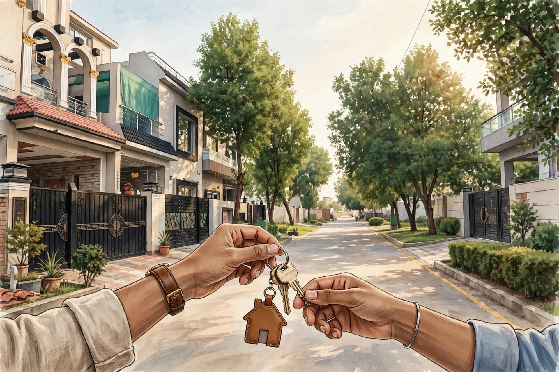 Illustration of house keys changing hands on a tree lined residential street in Lahore