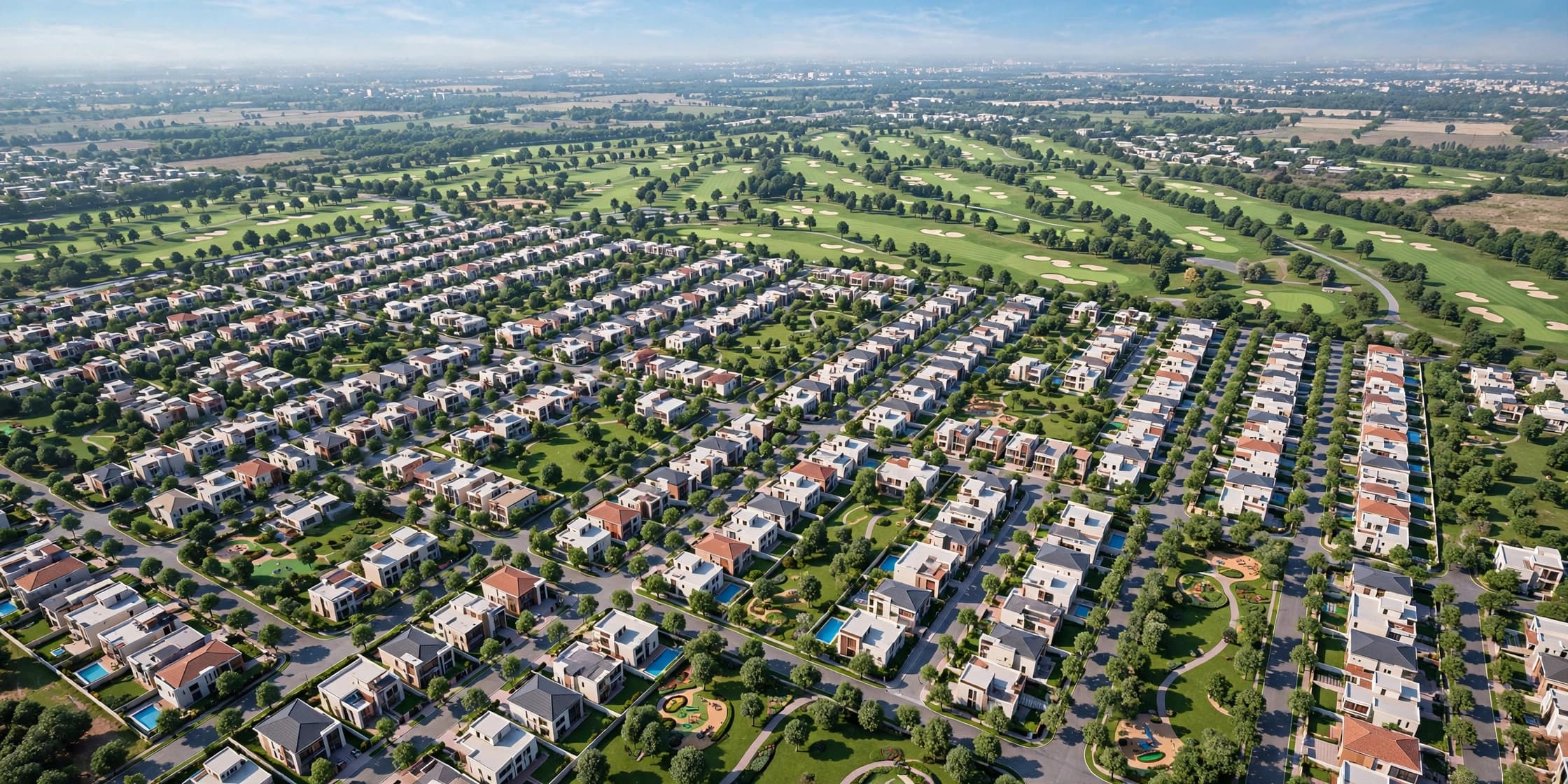 Aerial view of developed residential sectors with villa houses, tree lined streets and a golf course in a premium Lahore housing society